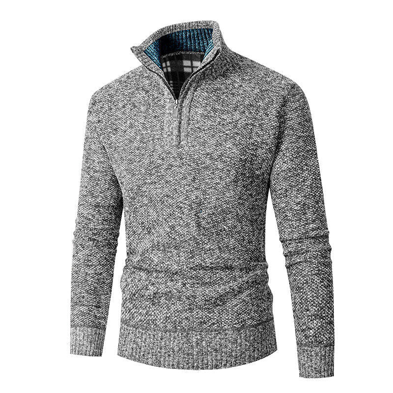 Bertram | Men's Chunky Knit Half-Zip Jumper Stand Collar Check Lining