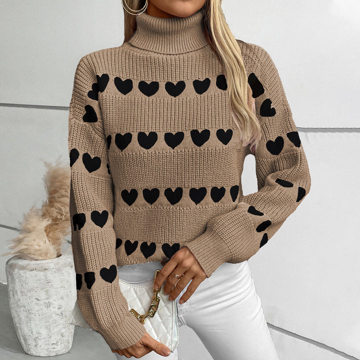 Tamsin | Women's Striped Knitted Jumper Heart Pattern High Neck