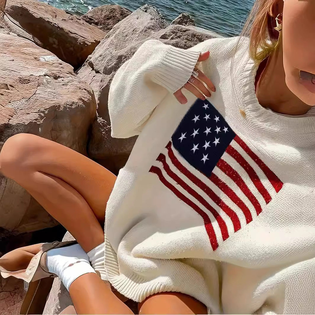 Millicent | Women's Knitted Jumper American Flag Motif Slim Fit