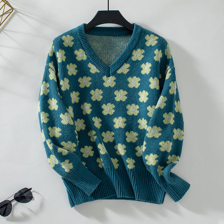Freda | Women's Floral V-Neck Knitted Jumper Relaxed Fit