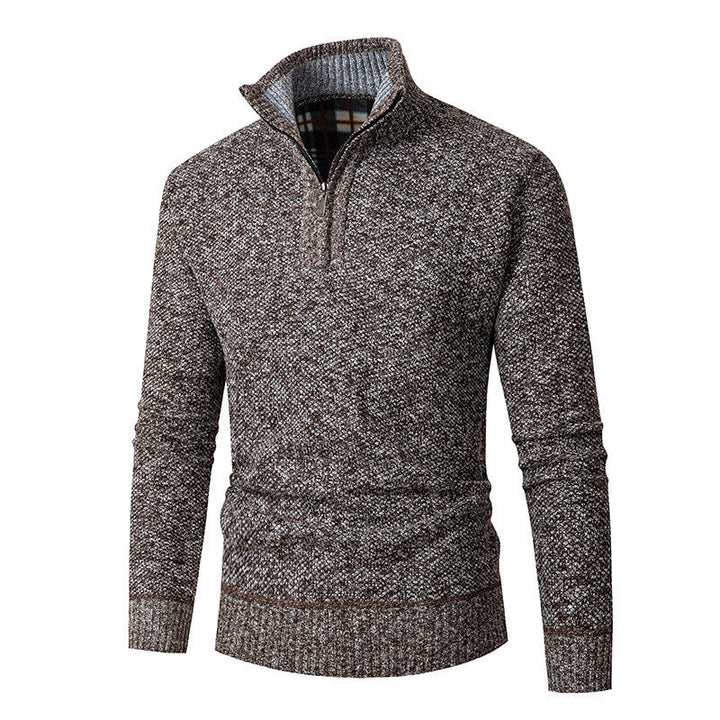 Bertram | Men's Chunky Knit Half-Zip Jumper Stand Collar Check Lining