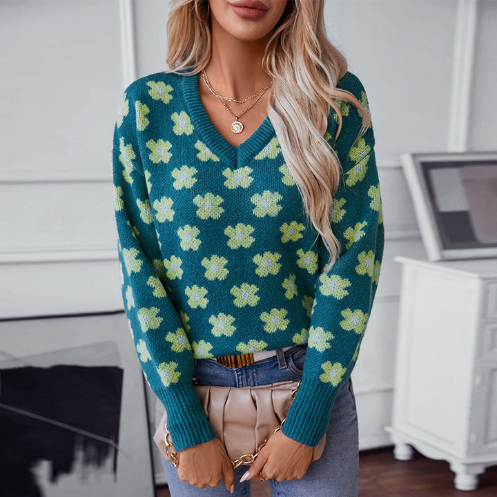 Freda | Women's Floral V-Neck Knitted Jumper Relaxed Fit