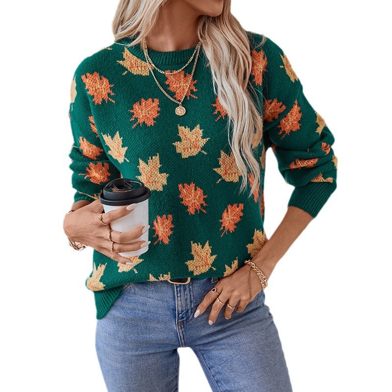 Greta | Women's Textured Leaf Knitted Jumper Round Neck Cotton