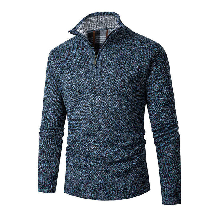 Bertram | Men's Chunky Knit Half-Zip Jumper Stand Collar Check Lining