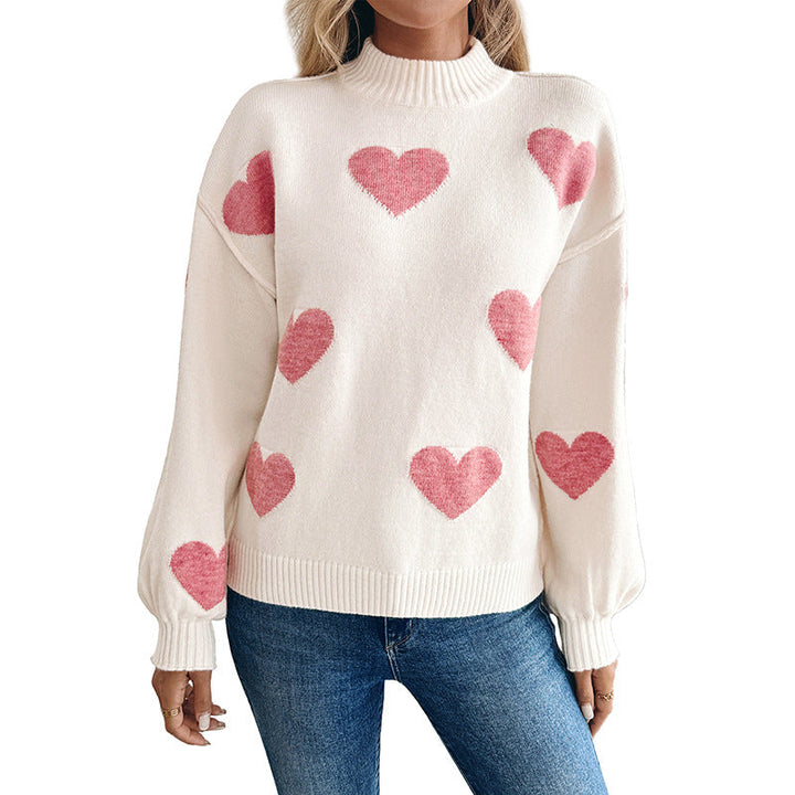 Eleanor | Women's Heart Intarsia Jumper Stand Collar Balloon Sleeves