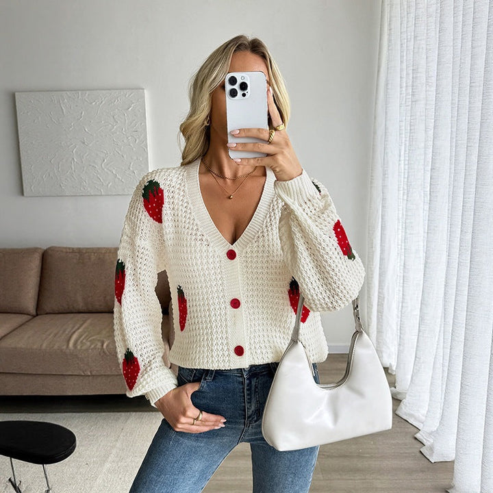 Jessica | Women's Cropped V-Neck Cardigan Strawberry Intarsia Buttons