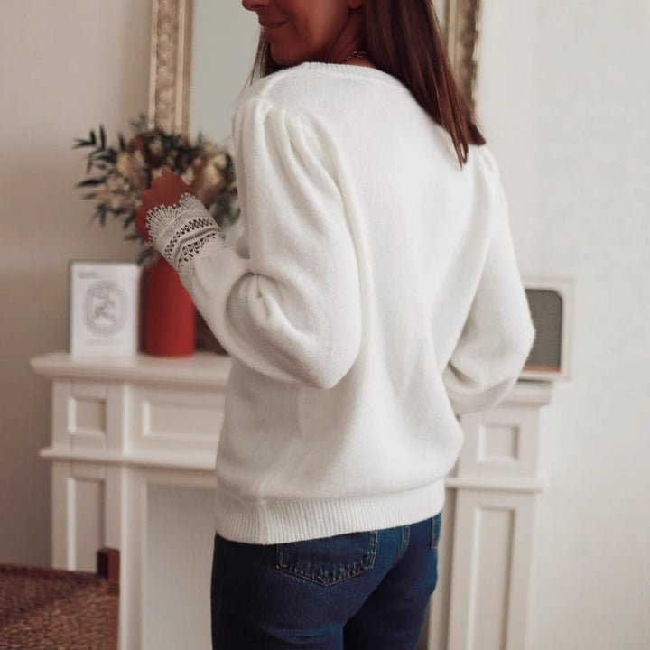 Ava | Women's Knitted Jumper Lace Collar Puff Sleeves V-Neck