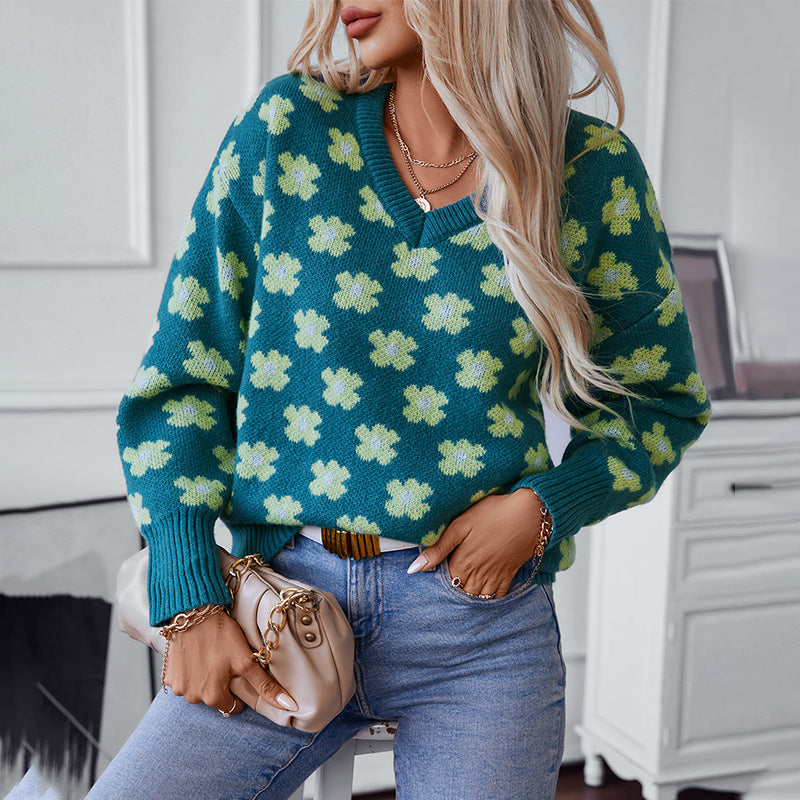 Freda | Women's Floral V-Neck Knitted Jumper Relaxed Fit