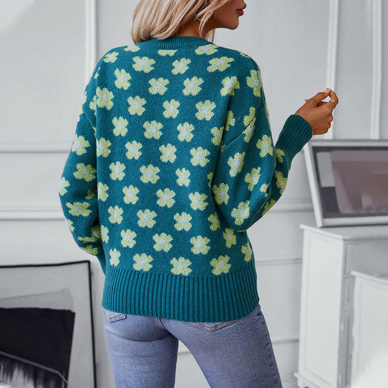 Freda | Women's Floral V-Neck Knitted Jumper Relaxed Fit