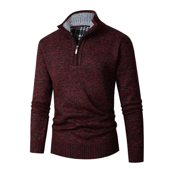 Bertram | Men's Chunky Knit Half-Zip Jumper Stand Collar Check Lining
