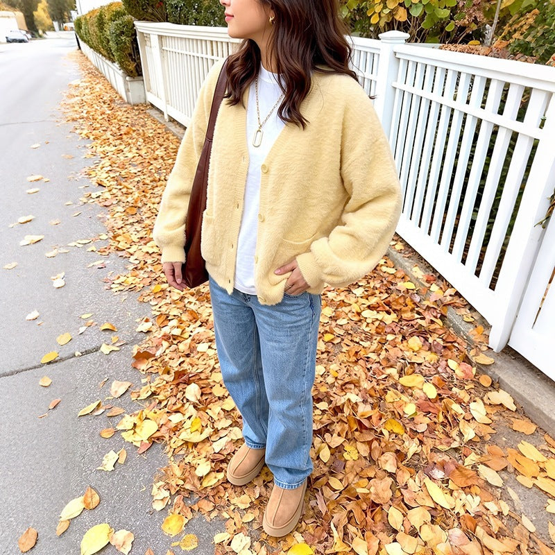 Georgia | Women's Teddy Fleece V-Neck Button Cardigan with Pockets