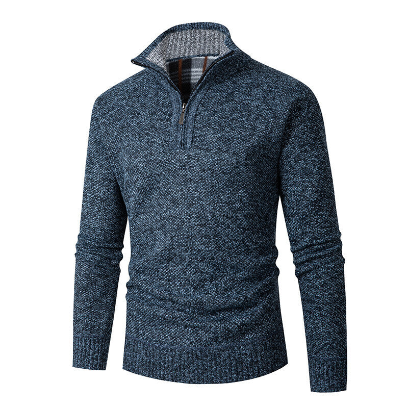Bertram | Men's Chunky Knit Half-Zip Jumper Stand Collar Check Lining