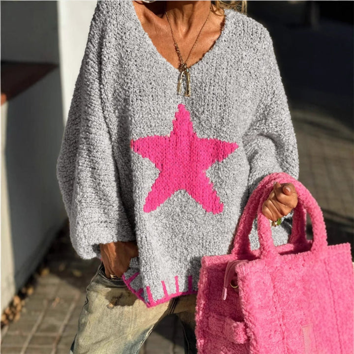 Freya | Women's V-Neck Knitted Jumper Star Pattern Relaxed Fit