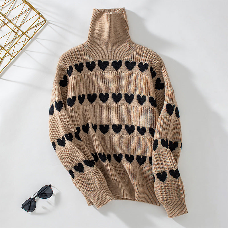 Tamsin | Women's Striped Knitted Jumper Heart Pattern High Neck