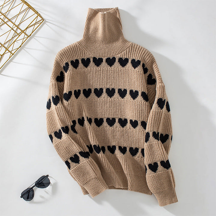 Tamsin | Women's Striped Knitted Jumper Heart Pattern High Neck