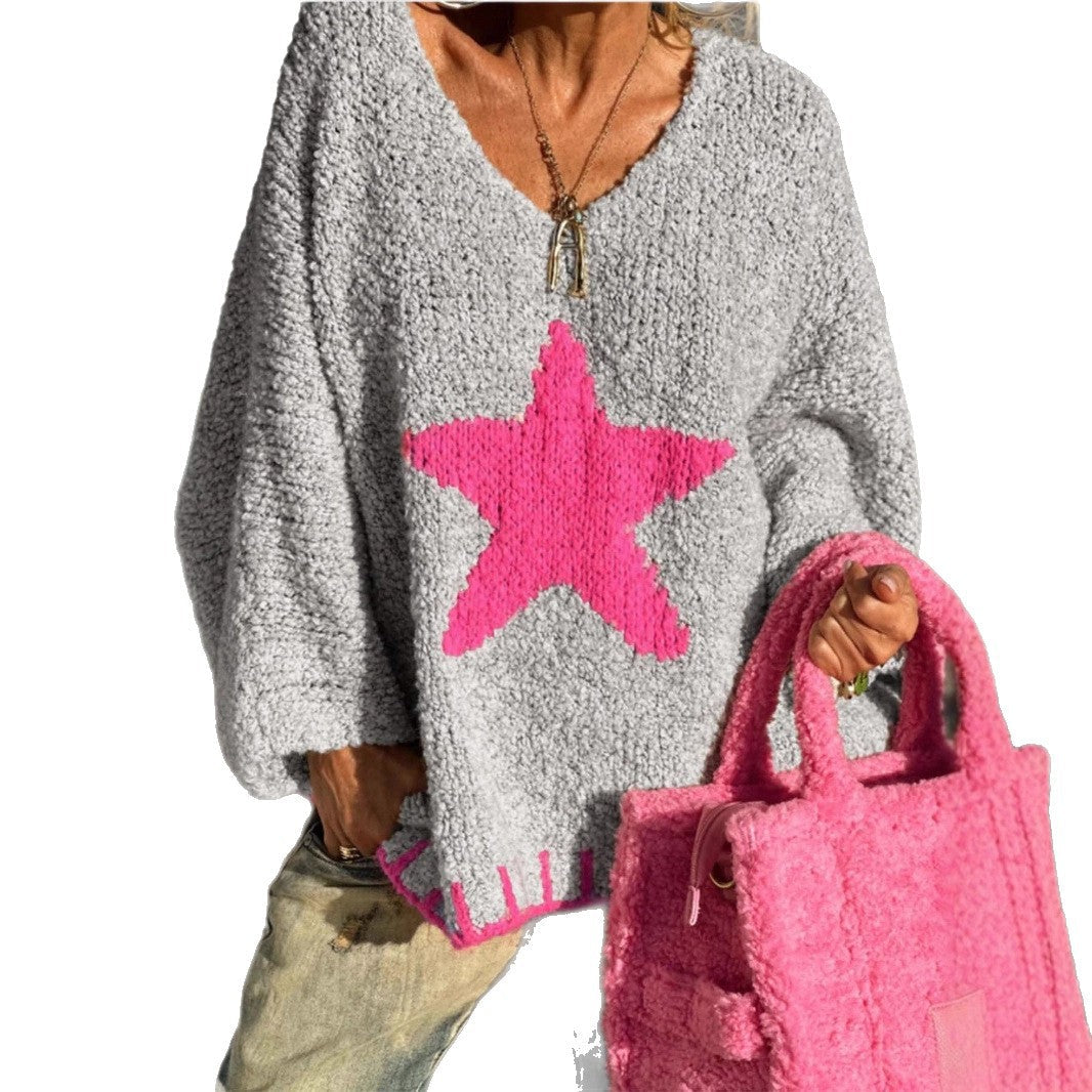 Freya | Women's V-Neck Knitted Jumper Star Pattern Relaxed Fit