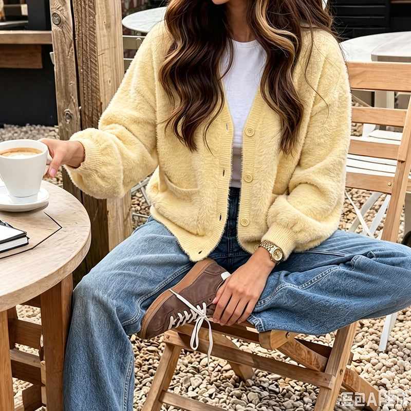 Georgia | Women's Teddy Fleece V-Neck Button Cardigan with Pockets