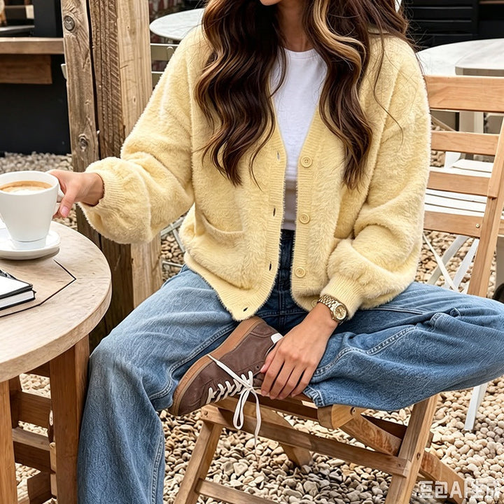 Georgia | Women's Teddy Fleece V-Neck Button Cardigan with Pockets