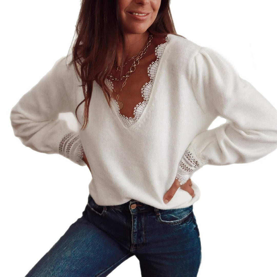 Ava | Women's Knitted Jumper Lace Collar Puff Sleeves V-Neck