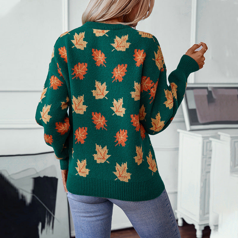 Greta | Women's Textured Leaf Knitted Jumper Round Neck Cotton