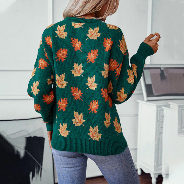 Greta | Women's Textured Leaf Knitted Jumper Round Neck Cotton