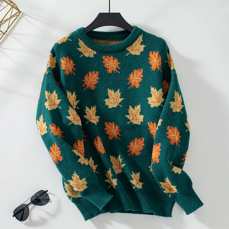 Greta | Women's Textured Leaf Knitted Jumper Round Neck Cotton