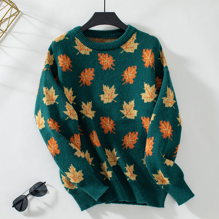 Greta | Women's Textured Leaf Knitted Jumper Round Neck Cotton