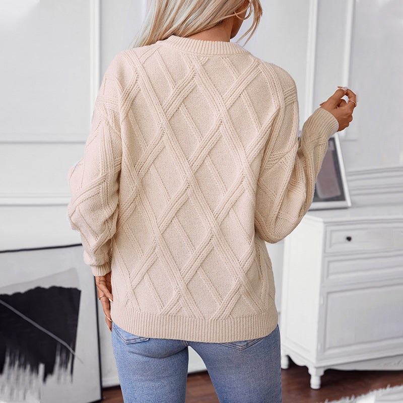 Bridget | Women's Diamond Knit Jumper Round Neck Warm Knitwear