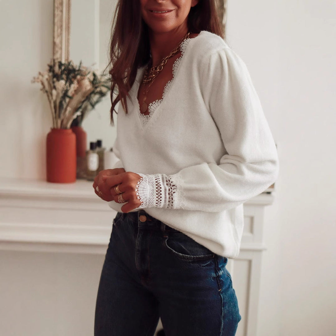 Ava | Women's Knitted Jumper Lace Collar Puff Sleeves V-Neck