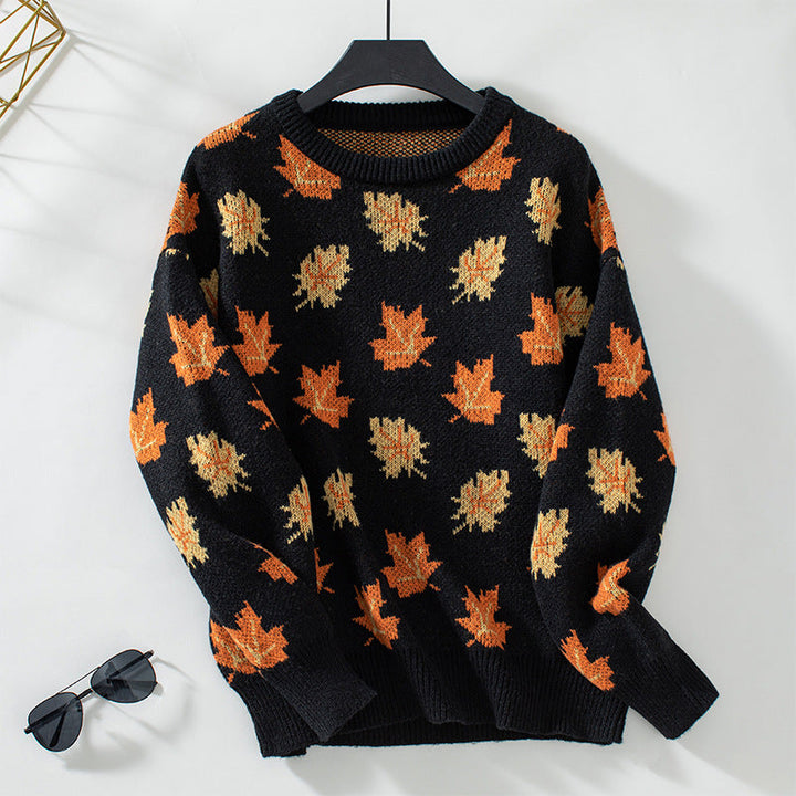 Greta | Women's Textured Leaf Knitted Jumper Round Neck Cotton