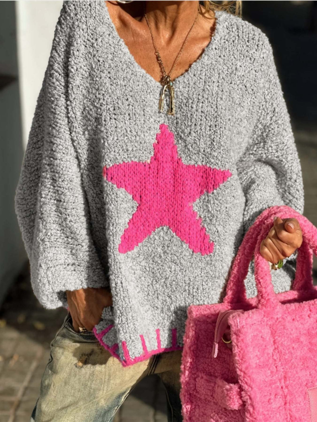 Freya | Women's V-Neck Knitted Jumper Star Pattern Relaxed Fit