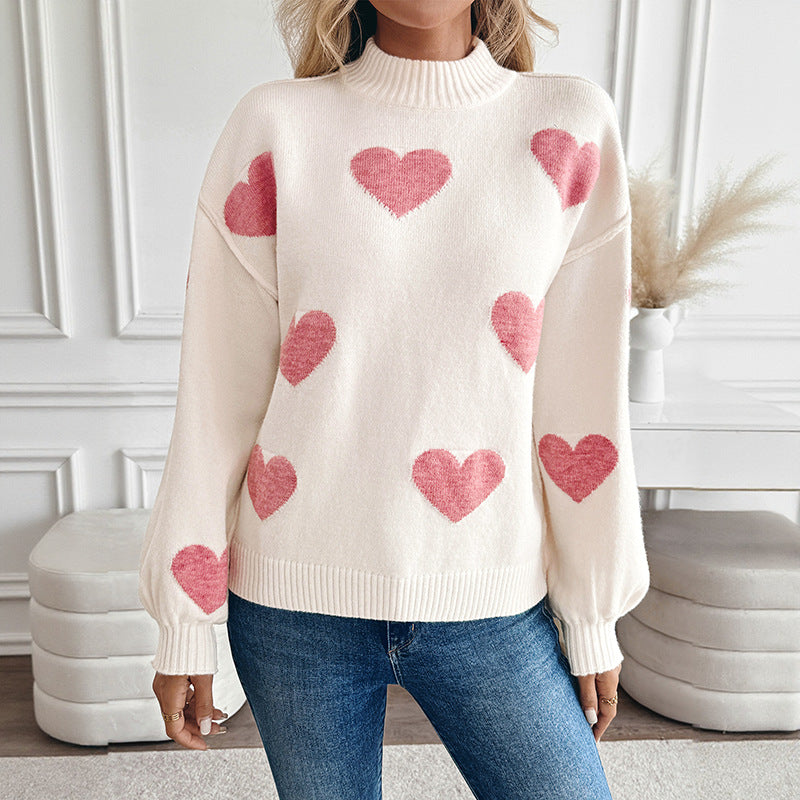 Eleanor | Women's Heart Intarsia Jumper Stand Collar Balloon Sleeves