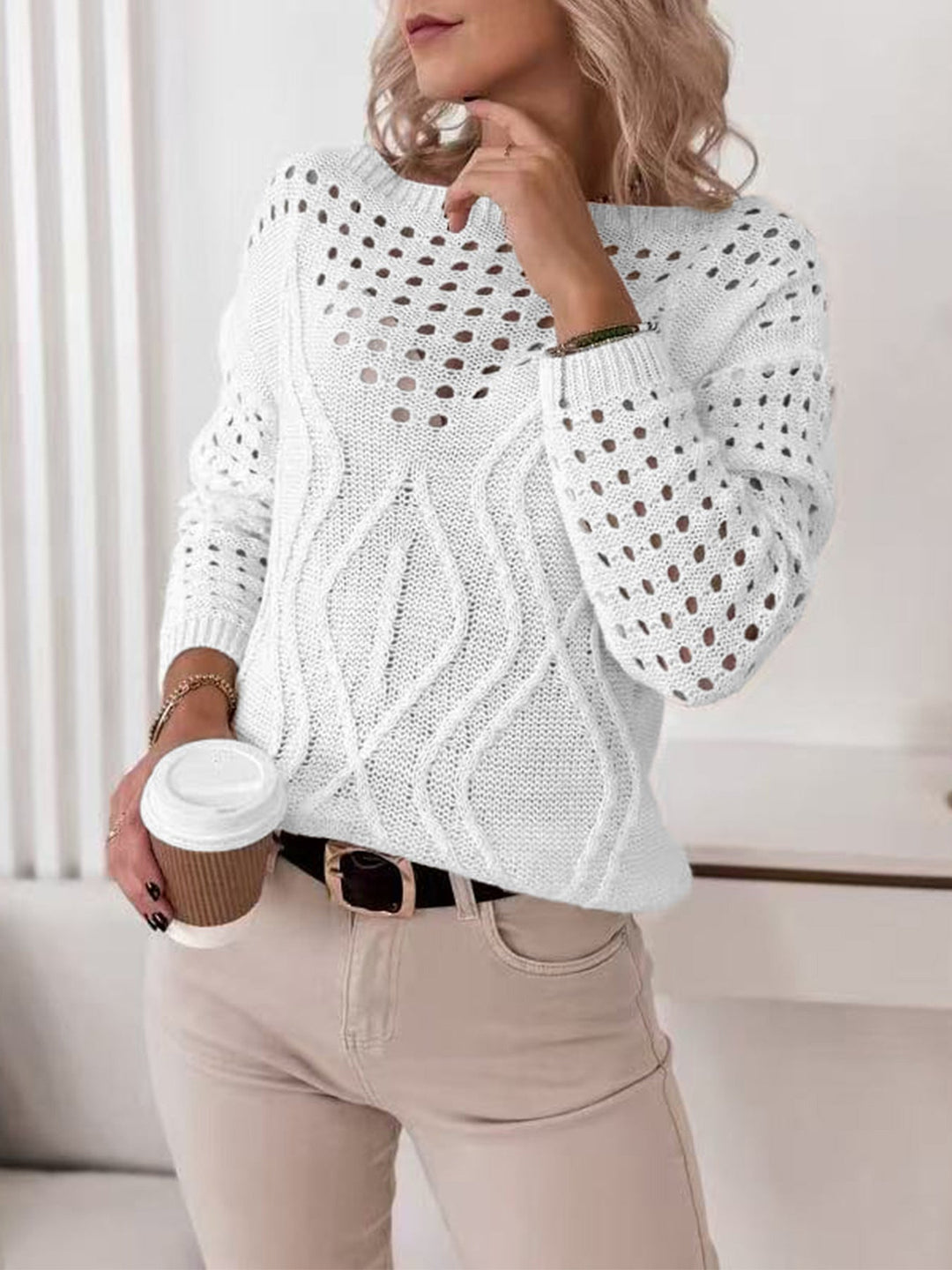 Amelia | Women's Wool Knitted Jumper Openwork Lace and Cable Pattern