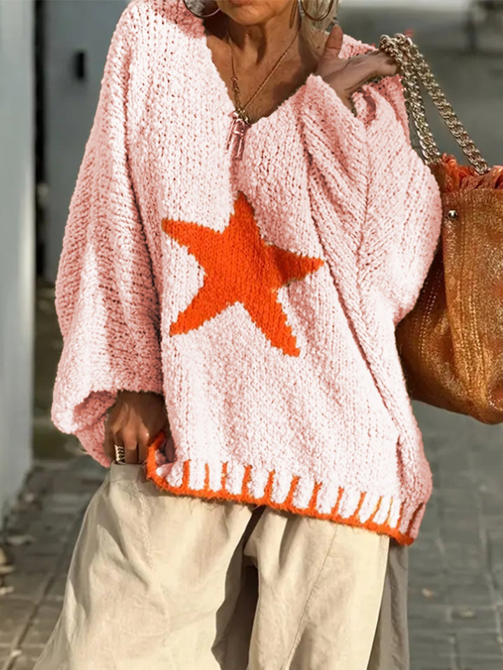 Freya | Women's V-Neck Knitted Jumper Star Pattern Relaxed Fit