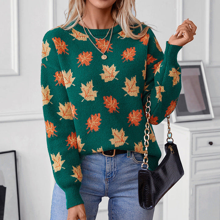 Greta | Women's Textured Leaf Knitted Jumper Round Neck Cotton