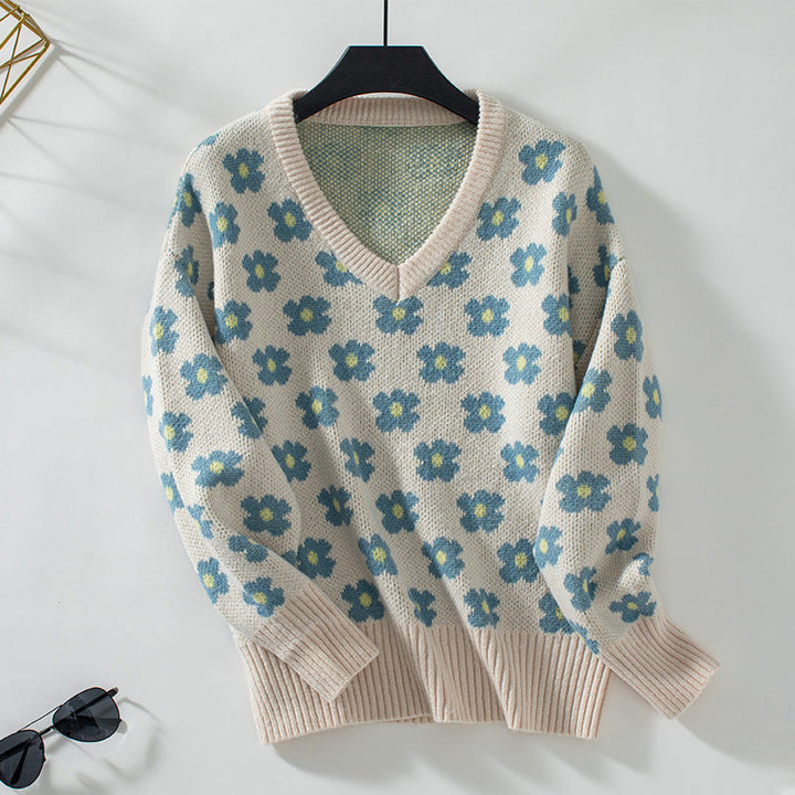 Freda | Women's Floral V-Neck Knitted Jumper Relaxed Fit
