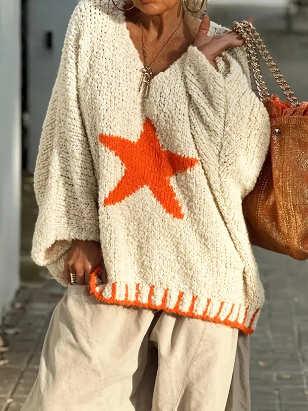 Freya | Women's V-Neck Knitted Jumper Star Pattern Relaxed Fit