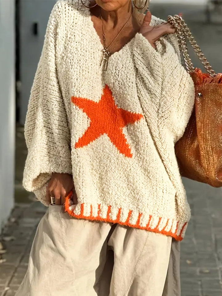 Freya | Women's V-Neck Knitted Jumper Star Pattern Relaxed Fit