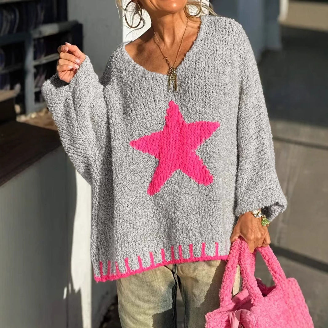 Freya | Women's V-Neck Knitted Jumper Star Pattern Relaxed Fit