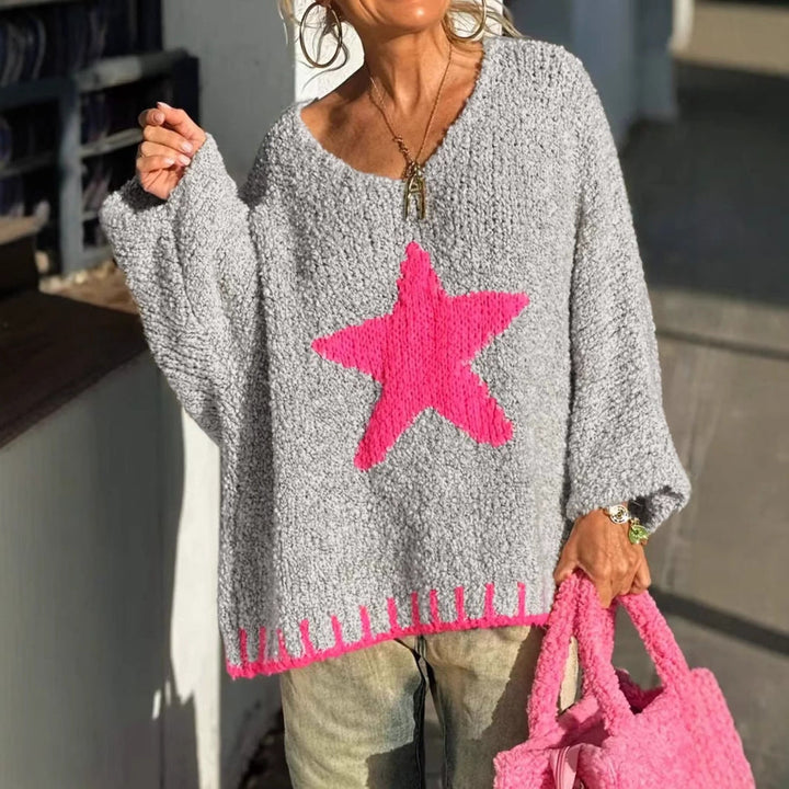 Freya | Women's V-Neck Knitted Jumper Star Pattern Relaxed Fit