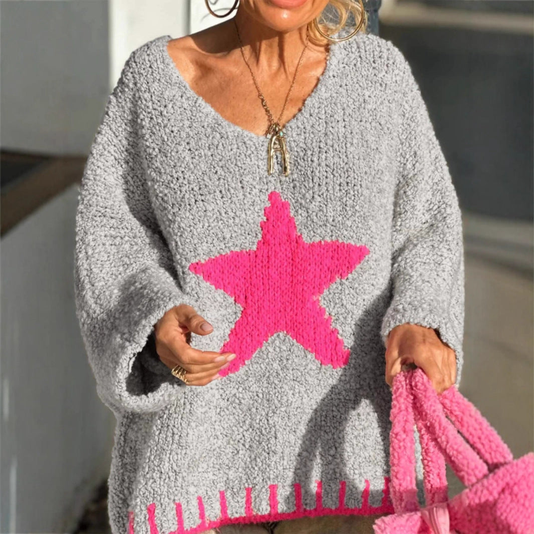 Freya | Women's V-Neck Knitted Jumper Star Pattern Relaxed Fit