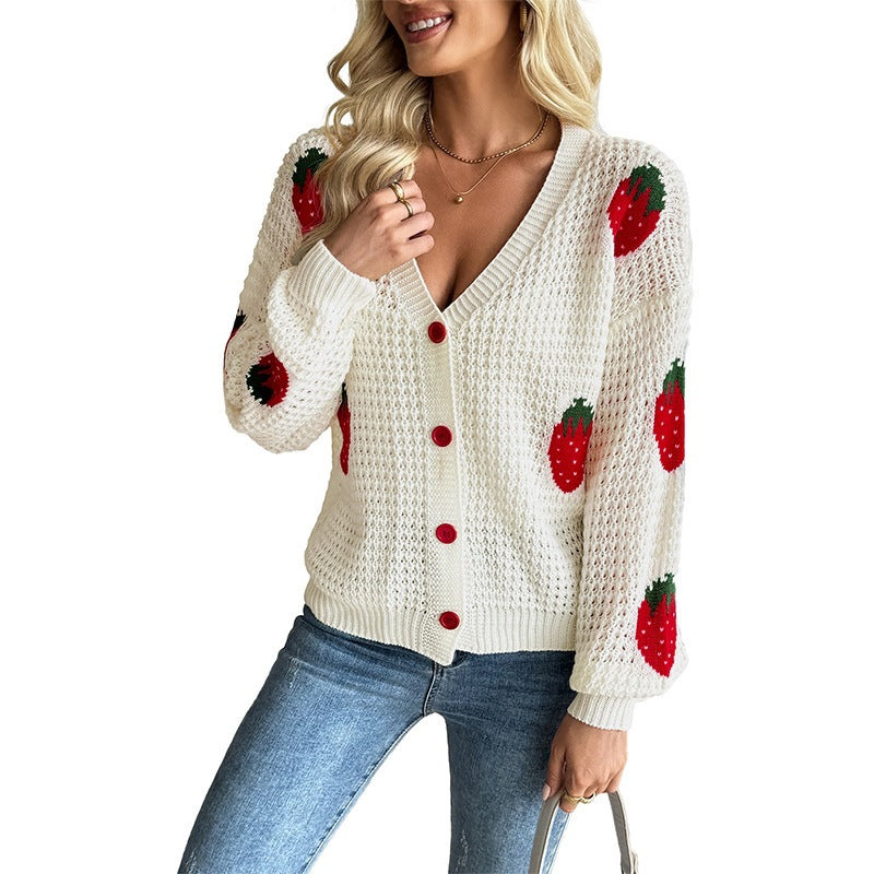 Jessica | Women's Cropped V-Neck Cardigan Strawberry Intarsia Buttons