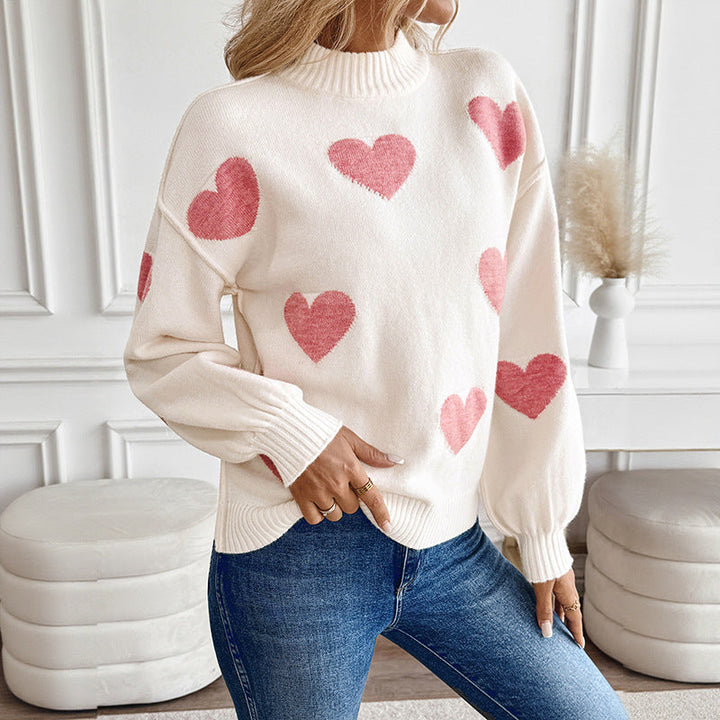 Eleanor | Women's Heart Intarsia Jumper Stand Collar Balloon Sleeves