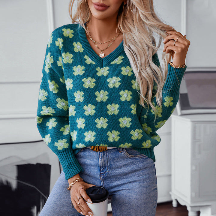 Freda | Women's Floral V-Neck Knitted Jumper Relaxed Fit