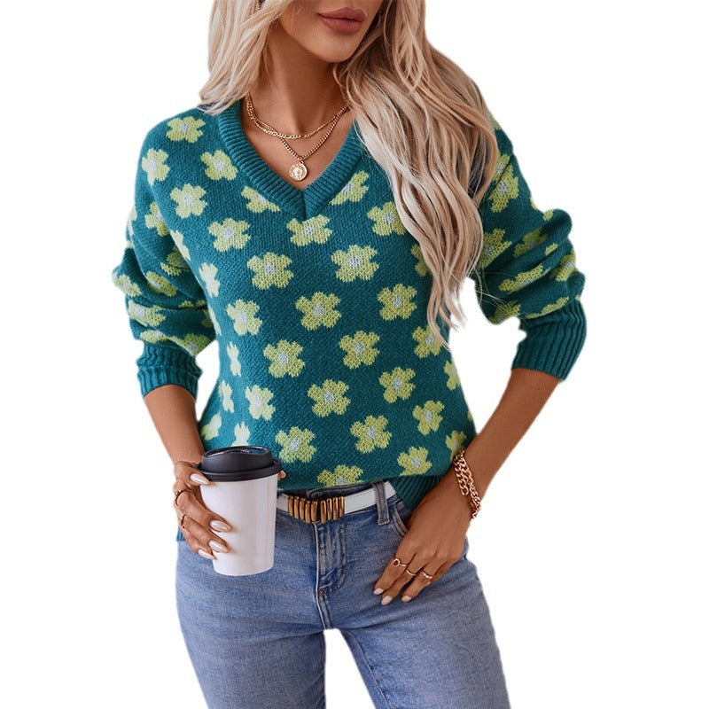 Freda | Women's Floral V-Neck Knitted Jumper Relaxed Fit