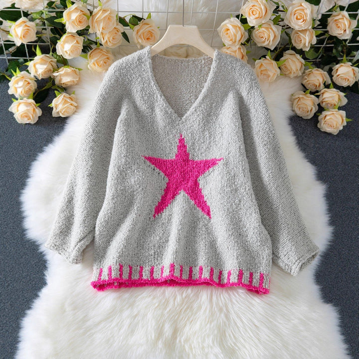 Freya | Women's V-Neck Knitted Jumper Star Pattern Relaxed Fit