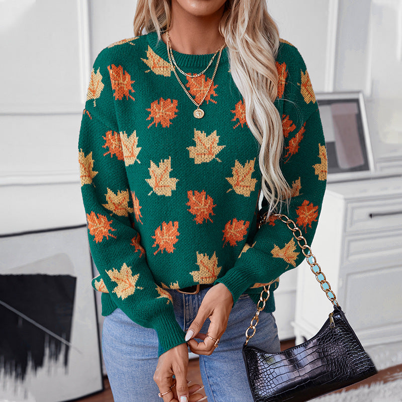 Greta | Women's Textured Leaf Knitted Jumper Round Neck Cotton