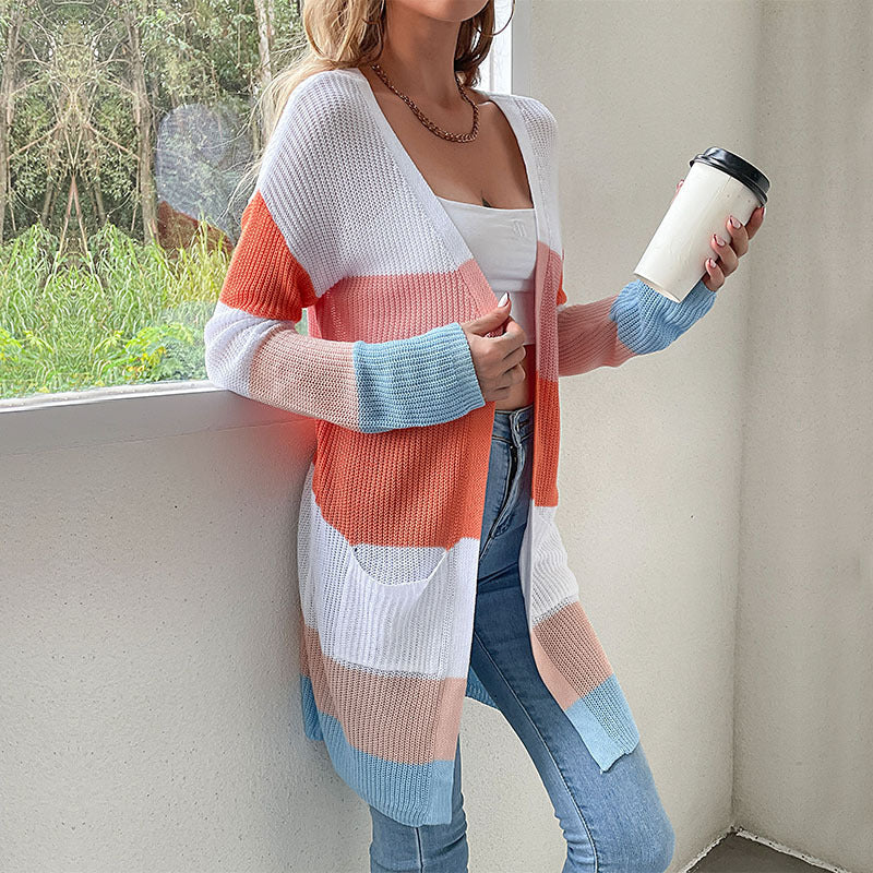 Harriet | Women's Long Open-Front Striped Cardigan with Pockets