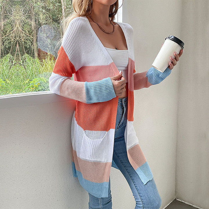 Harriet | Women's Long Open-Front Striped Cardigan with Pockets