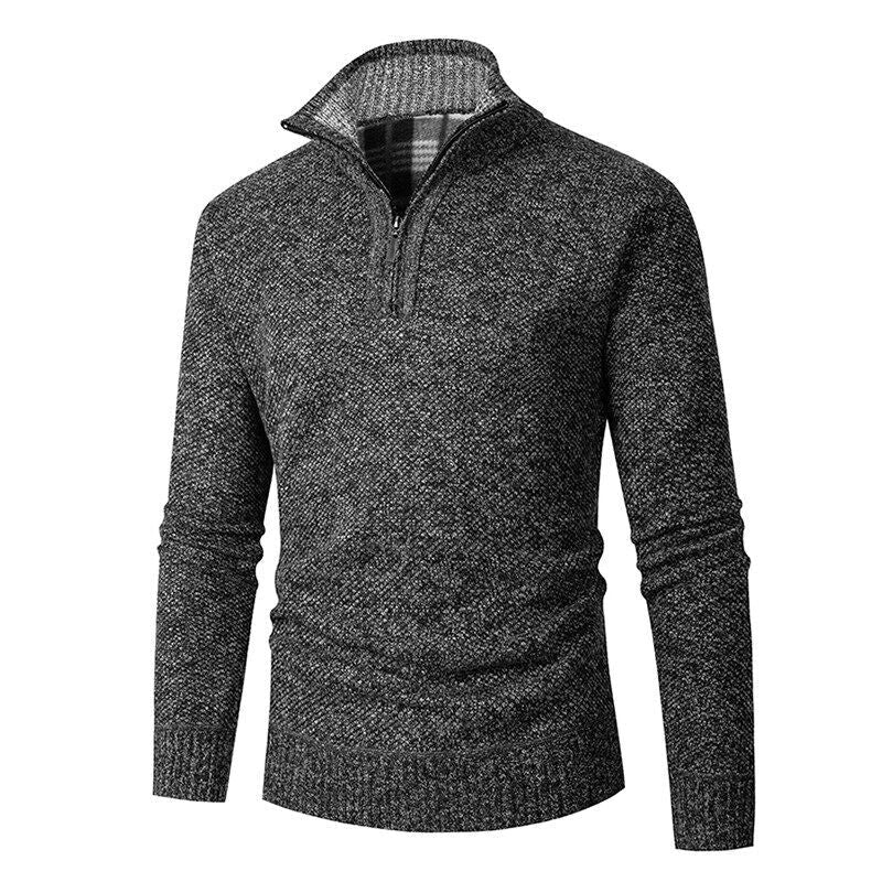 Bertram | Men's Chunky Knit Half-Zip Jumper Stand Collar Check Lining